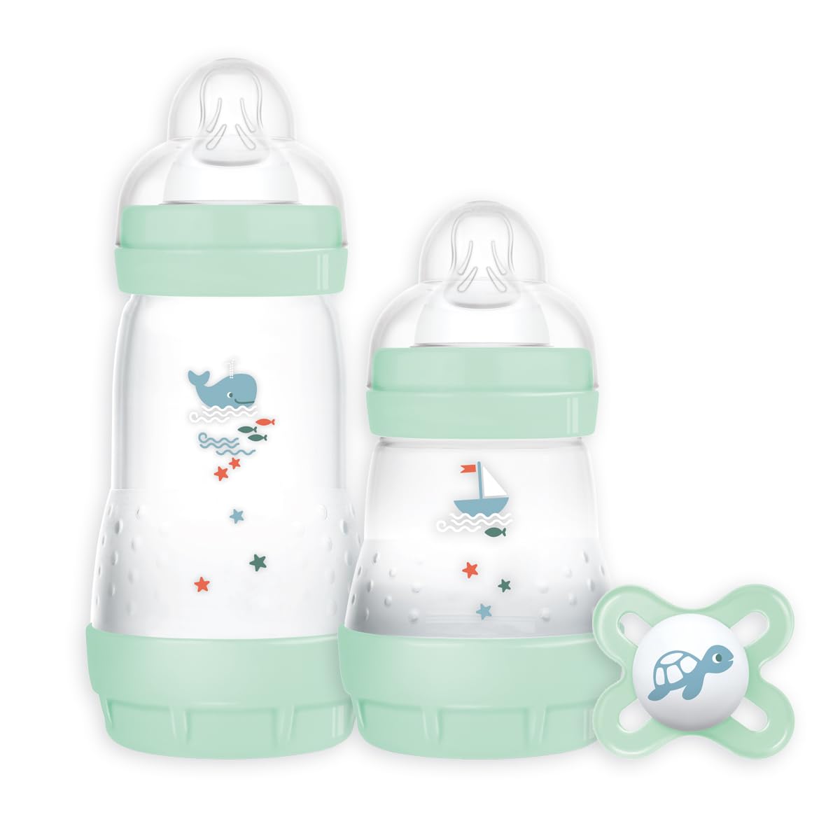 MAMEasy Start Colours of Nature Starter Self Sterilising Anti Colic Starter Set, Non-Shiny Matt Finish Newborn Bottle Set and Soother, Newborn Essentials, Green (Designs May Vary)