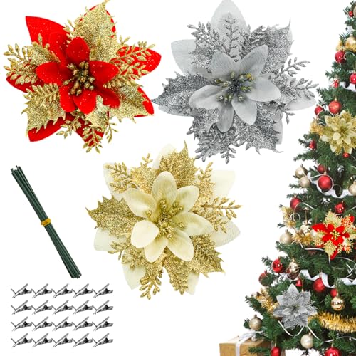 Bacucine クリスマス 造花 24個入り クリスマスツリー飾り 装飾 花 オーナメント 人工花 ポインセチア デコレーション ラメ入り キラキラ クリスマスリース 花輪 自宅 店舗 玄関 室内 飾り (3色)