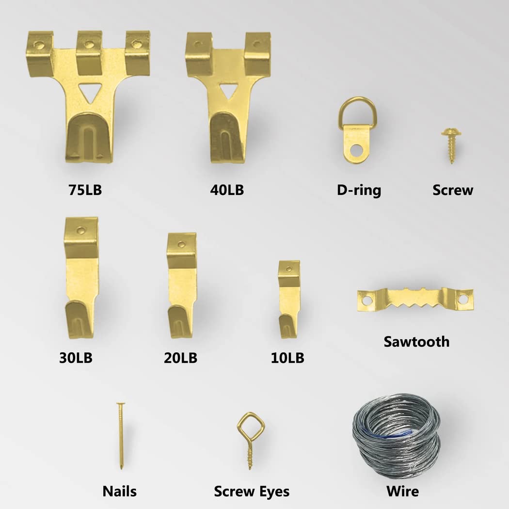 216pcs Picture Hanging Kit, Picture Fame Hooks, Heavy Duty Set including Wire, Photo / Frames Hanger with Nails Brass Finish Wall Hooks - Image 4