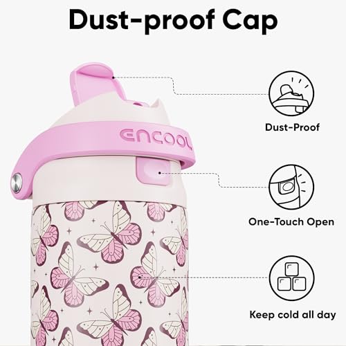 Image of ENCOOL Leakproof Insulated Water Bottle with Straw Dual-Sip Water Bottle Bag-Safe Design for Work, Commute & Gym - Keeps Drinks Cold All Day, 24 oz, Blush Butterfly