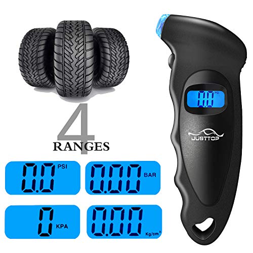 Image of JUSTTOP Digital Tire Pressure Gauge, 150PSI 4 Setting for Cars, Trucks and Bicycles, Backlit LCD and Anti-Skid Grip for Easy and Accurate Reading(Black)