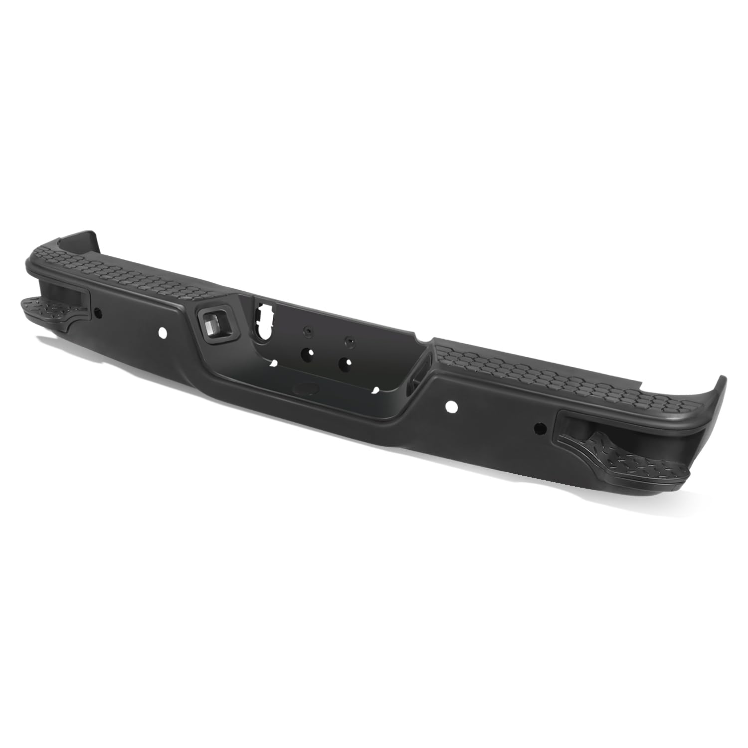 Auto Dynasty Rear Step Bumper Assembly Compatible with 09-10 Dodge Ram 1500, 11-18 Ram 1500, 19-23 Ram 1500 Classic, w/Park Sensor Hole/Step Pad/License Plate Light, Non Dual Exhaust Cutouts, Black