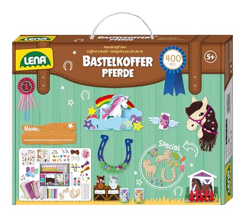 Lena Premium Bastelkoffer Pferde - Bastelset mit 400 Teilen fur kreative Projekte inkl. Moosgummi Buntpapier Perlen Federn Knopfe Straßsteine uvm. Madchen Geschenk fur Kinder ab 5 Jahren