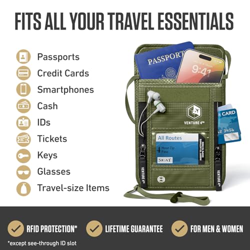 Image of VENTURE 4TH Passport Holder Neck Wallet with RFID Blocking - Hidden Neck Pouch (Army Green)