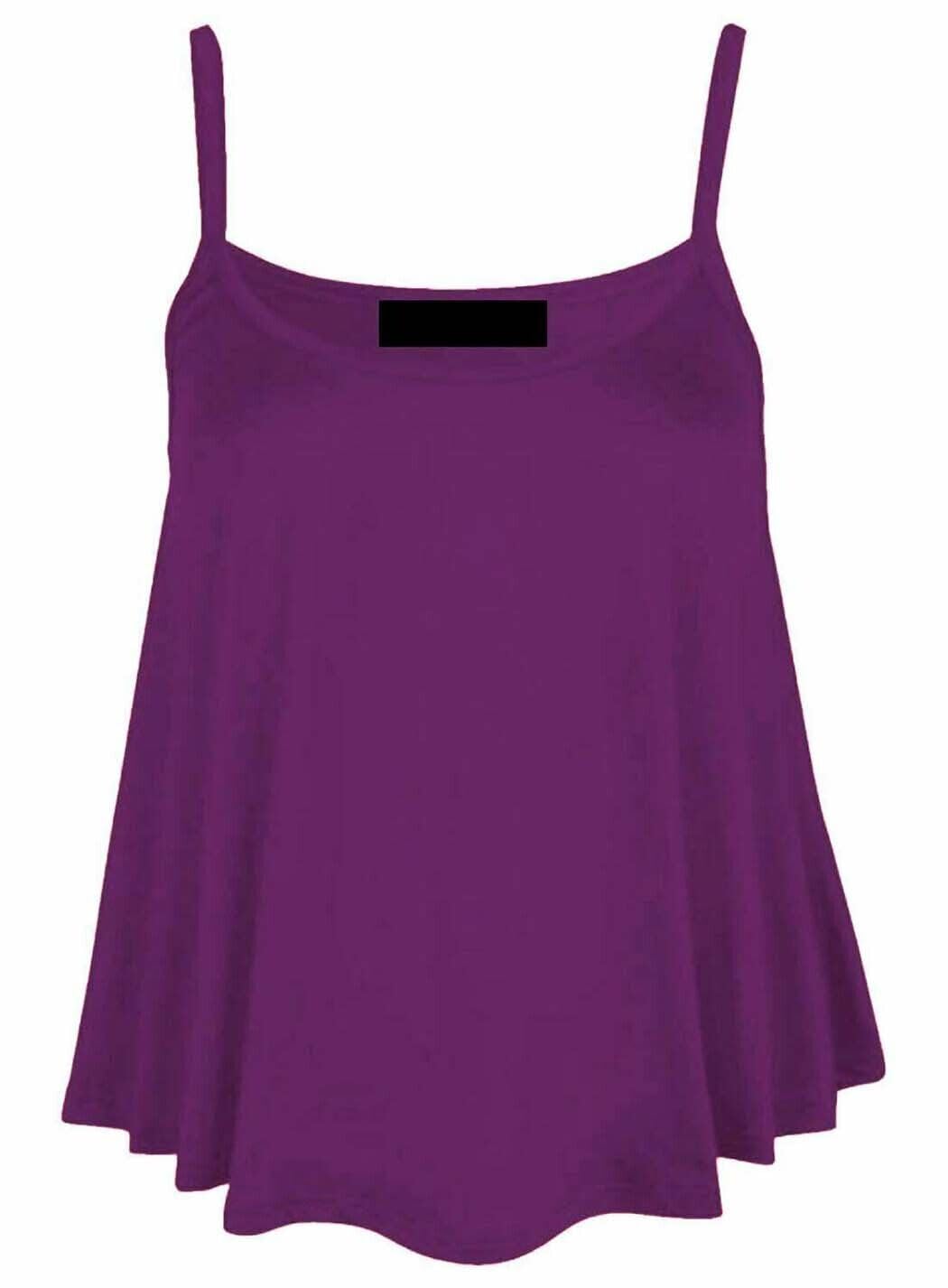 Real Life Fashion Ltd Women's Purple Sleeveless Flared Cami Vest Strappy Neck Tank Top Summer Wear Tee Beach Top Flared Swing Cami Vest Outdoor Casual Wear Plus Size Top Uk 8-28