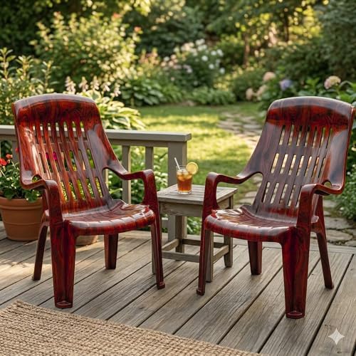 Image of Oaknest Unboxing Furniture Celloo Premium Plastic Relaxing Chair with Armrests | Ergonomic High-Back Lounge Seating for Home, Garden & Balcony (Rosewood), Count of 2