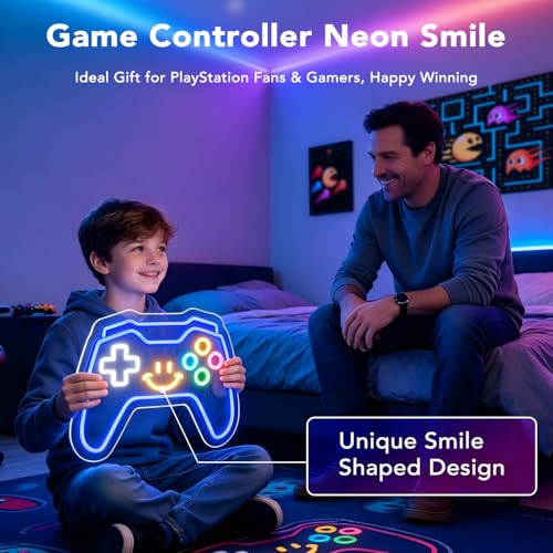 Image of Gaming Neon Signs Controller LED Sign with Remote for Gamer Room Decor, Gamepad Shaped LED Neon Sign for Son Gamer Lovers Gifts, Game Neon Light Smile Face for Basement Bedroom Boys Man Cave Kids Teen