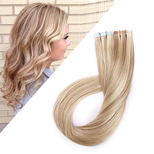 40 Pieces 100g Tape in Human Hair Extensions Highlighted Ash Blonde & Bleach Blonde 24inch Long Straight Tape on 100% Remy Hair Seamless Skin Weft Invisible Double Sided for Women 100g 24inch#18&613