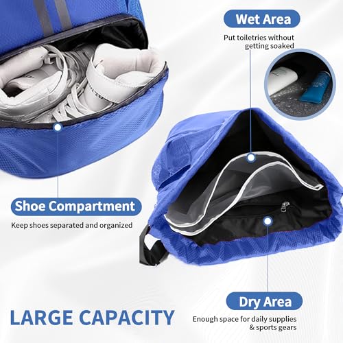Image of JELUTAR Drawstring Backpack Gym Bag with Shoes Compartment, Blue | Water-Resistant String Backpack for Soccer, Basketball, Swim, Beach Cinch for Women Men, 18 L Large Capacity, Wet Pocket