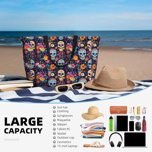 Large Beach Bags for Women Sandproof - Boho Style Skull (A) Print Summer Travel Work Tote Bags with Zipper4