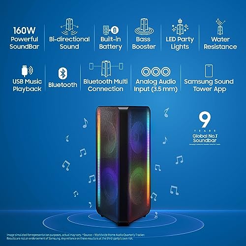 Image of Samsung 160 W {MX-ST40B /XL} Sound Tower High Power Audio, Floor Standing Speaker, Bi-Directional Sound, Built-in Battery, IPX5 Water Resistant, Party Lights, Bluetooth Multi-Connection (Black)