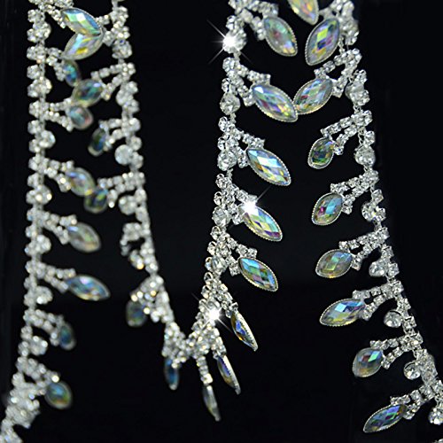 De.De. 1 Yard AB Resin Crystal Applique Rhinestone Bridal Trim Fashion Chain Fringe Embellishment Silver