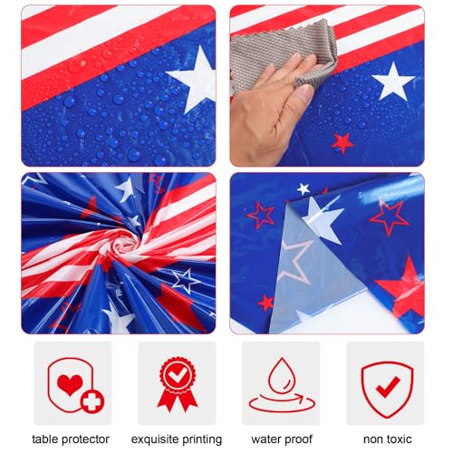 Image of Newwiee 6 Pcs 4th of July Patriotic Tablecloth Disposable American Flag Tablecloth 54x108 Plastic Red White Blue Independence Day Rectangle Table Cover 250th Decoration (Star Style)