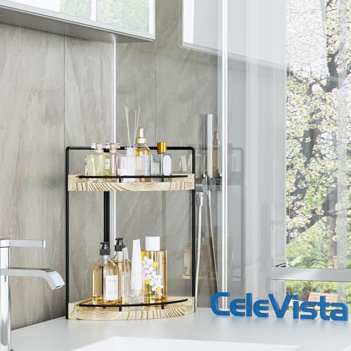Image of Corner Bathroom Counter Organizer, 2 Tier Wood Vanity Storage, Waterproof Skincare Shelf for Kitchen & Toiletries Decor, Dresser (Rustic-2 Tier)