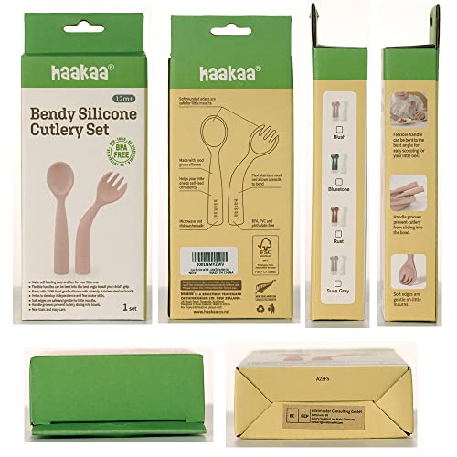 Image of haakaa Toddler Forks and Spoons Set - Bendy Silicone Self Feeding Baby Utensils, Toddler Spoons Baby Training Spoons with Storage Case, Bluestone, 12+