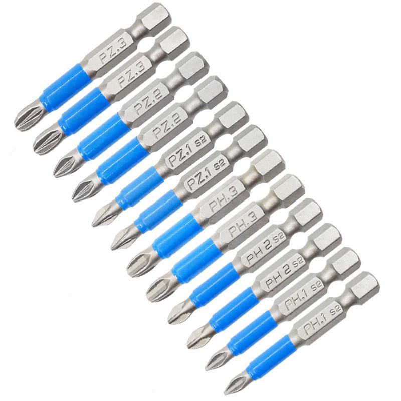Nikou 12 Stück Magnetischer Kreuzschlitz Schraubendreher Bits, S2 Stahl Antirutsch Bit Satz Elektroschrauberbits PZ1, PZ2, PZ3, PH1, PH2, PH3 für Elektro Schraubendreher Bohrer