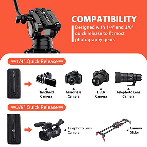 GEEKOTO-Video-Tripod-System-72-inches-Heavy-Duty-Tripod-Professional-Aluminum-Twin-Tube-Tripod-K3-Fluid-Head-Mid-Level-Spreader-Max-Loading-33-LB-360-Degree-Fluid-Head-for-DSLR-Camcorder-Camera