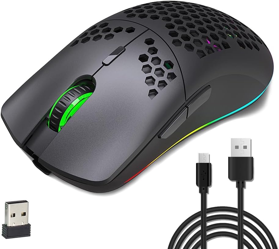 Kueh Wireless Gaming Mouse, Lightweight Honeycomb Shell with Backlight, 6 Buttons 4 Speed Adjustable DPI Computer Mouse Rechargeable RGB Gaming for PC/Mac/Laptop Laptop PC, Ergonomic Shape