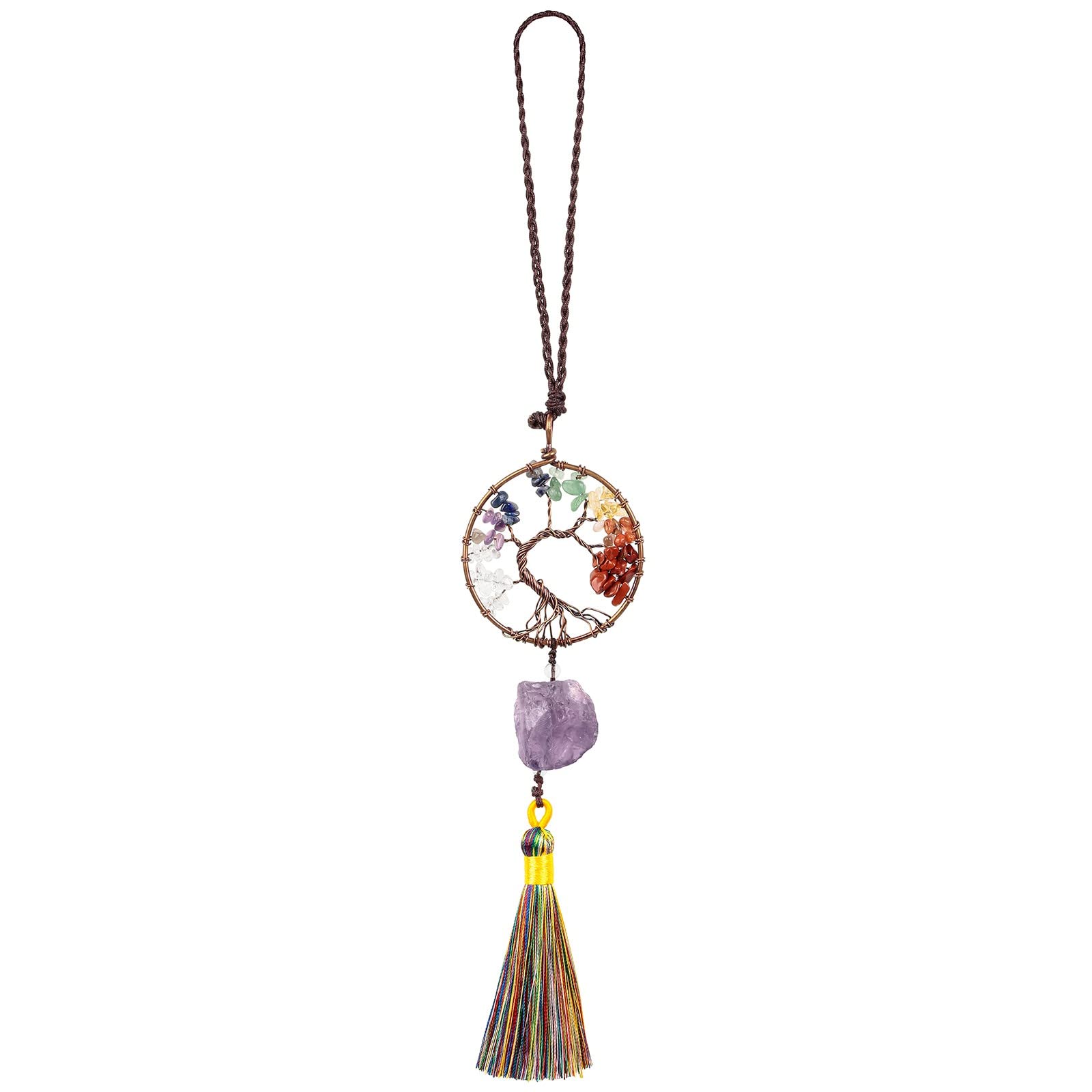 SUNYIK Handmade Tree of Life 7 Chakra Crystal Stone Hanging Ornament Healing Stones Feng Shui Wall Hanger Home Office Decor for Meditation Good Luck,