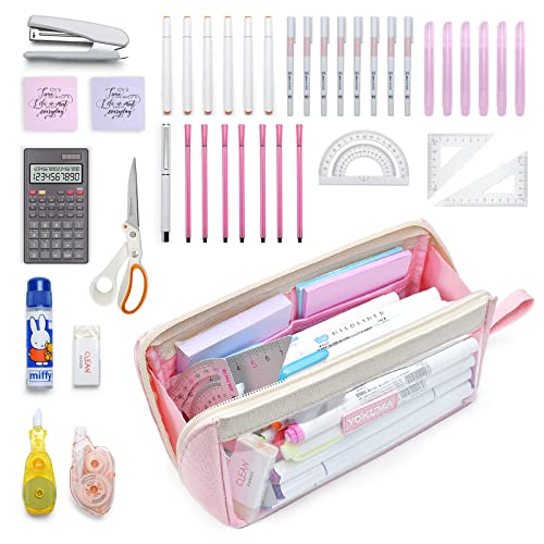 Image of YOKUMA Clear Aesthetic Pencil Case Pouch for Girls Cute Kawaii Mark Pen Case Organizer Large Capacity for Kids Teen College Students Adults,Small Makeup Bag,Back to School Supplies(Pink)