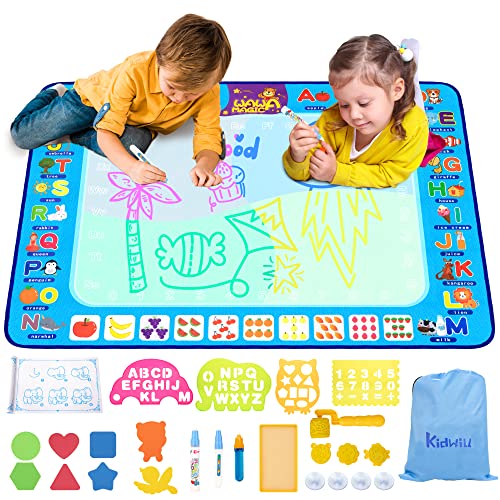 KIDWILL Aqua Magic Doodle Mat, 39 X 30 Inches Large Size Reusable Water Drawing Coloring Mat with Drawing Booklet, Mess-Free Educational Toy Gift for Kids Boys Girls Age 3+ Years Old