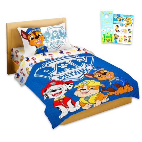 Paw Patrol Twin Bedding Set Best Boys - Bundle of Paw Patrol Bedspread Flat Sheet Fitted Sheet Pillowcase Stickers More | Room Decor