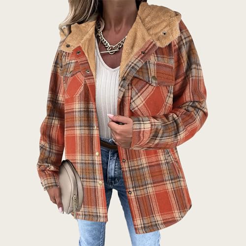 Womens Plaid Shacket Jacket Button Down Fleece Hooded Jackets Casual Long Sleeve Sherpa Fleece Jacket 20252