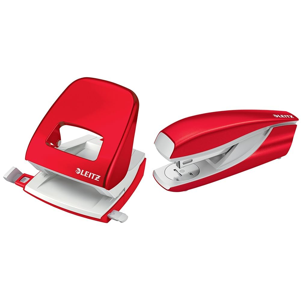 Leitz Büro Locher + Heftgerät, Für 30 Blatt, Anschlagschiene mit Formatvorgaben, Tacker mit 200 Heftklammern, Ergonomisches Design, Rot, WOW-Serie, 50081026 + 55021026