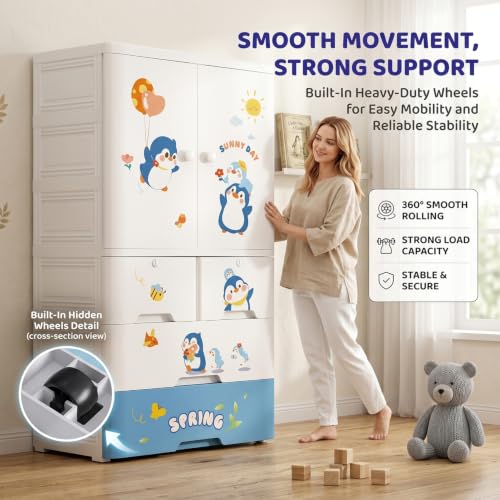 Image of StarAndDaisy Kids Wardrobe /Multifunctional Collapsible Plastic Wardrobe /Almirah for Kids- Storage Cabinet - Dustproof Baby /Wardrobe Organizer for Clothes, Toys -Little Penguin