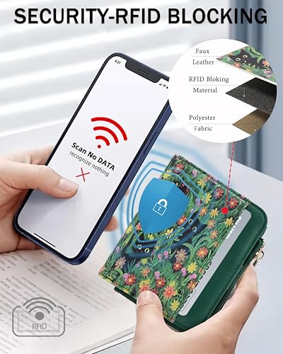 Image of Small Bifold Wallets Woman RFID Mini Wallet for Women Slim Card Holder with Zipper Coin Pocket & 2 ID Windows (Cat)