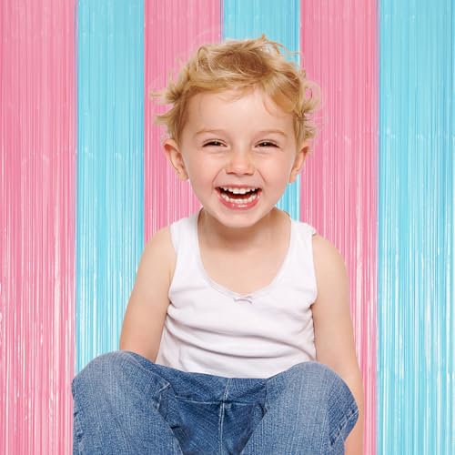 Image of Voircoloria 2 Pack Pastel Blue and Pink Foil Fringe Backdrop Curtains, Tinsel Streamers Party Decorations, Fringe Backdrop for Gender Reavel, Baby Shower Party