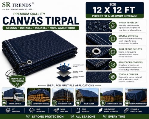 Image of 1200 GSM Heavy Duty Canvas Tarpaulin | 100% Waterproof Resistance, UV Resistant, Tear Proof Tarp with Reinforced Edges & Eyelets for Truck, Outdoor, Construction (Blue, 12 X 12 FT)