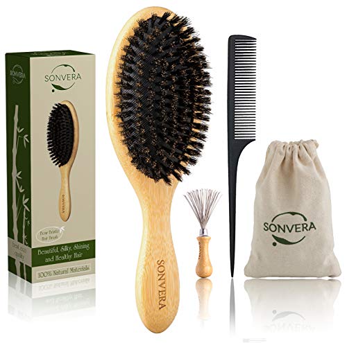 Boar Bristle Hair Brush Set With Wide Tooth Tail Comb Natural Soft Hair Brushes For Women Kids Mens Hair Brush For Straightening Styling Smoothing Brush Adds Shine Fine Hair Brush For Men