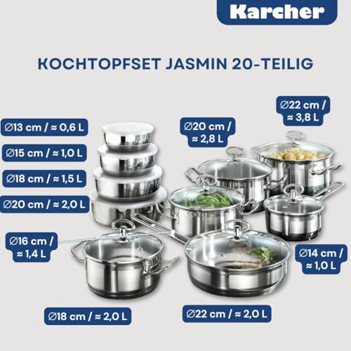 Karcher Ensemble de casseroles Jasmin (acier inoxydable, 20 pièces, y compris couvercle en verre et ensemble de bols en acier inoxydable, induction) – Image 4