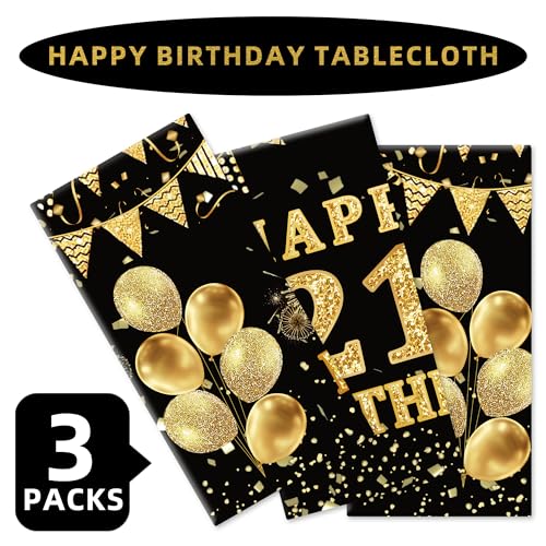 Image of Labeol 3 Pack 21st Birthday Tablecloth, Black and Gold Happy 21st Birthday Decorations, Disposable Plastic Rectangular Table Cover Party Supplies
