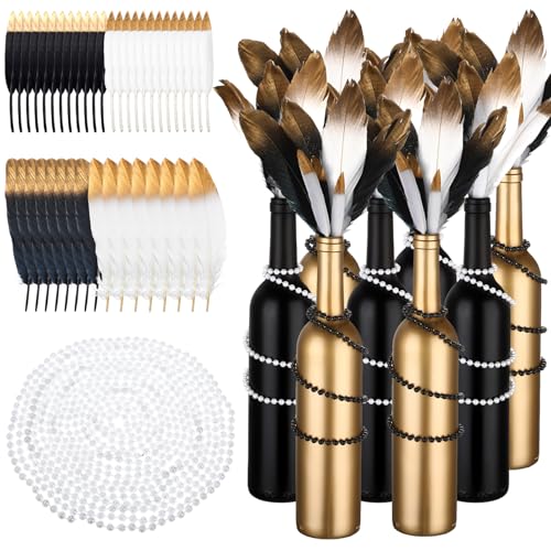 Umigy 49 Pcs Roaring 20s Party Decorations 8 Matte Coated Glass Wine Bottles 40 Dipped Feather 16.4 feet Long String of Pearls Bead for 1920s Themed Wedding Cake Table Centerpiece (Black with Gold)