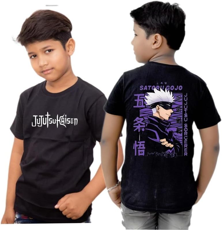 shree chitransh creations Kid's Cotton Anime Jujutsu Printed Half Sleeve Round Neck Regular Fit Black T-Shirt for Boys