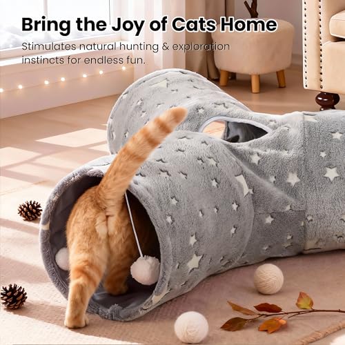 Image of Tempcore 3-Way Collapsible Cat Tunnel Toy with Self-Luminous Tube & Teaser Wand, Peek Holes & Hanging Ball, Photoluminescence Play Tunnel for Indoor Cats, Puppy, Rabbit