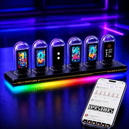 MOSHOU Nixie Tube Clock with Wi-Fi SYNC RGB Color Desk Clock Digital Digital Alarm 6 IPS Display Screen Custom Photo Weather Mode APP Control Desk Accessories for Gaming Room & Office Futuristic Gift