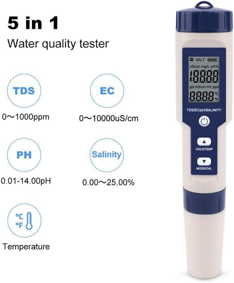 Water Quality Tester 5 in 1 TDS/EC/PH/Salinity/Temperature Meter Digital Water Quality Monitor Tester for Pools Drinking Water Aquariums