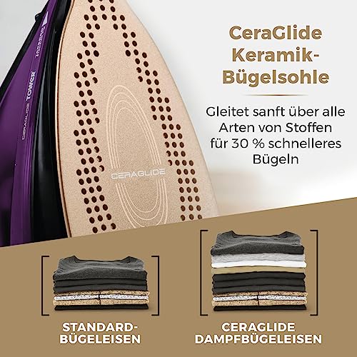 Tower T22008 CeraGlide Kabelloses Dampf Bügeleisen mit Keramiksohle - Dampfbügeleisen mit Variabler Dampffunktion, Lila – Bild 5