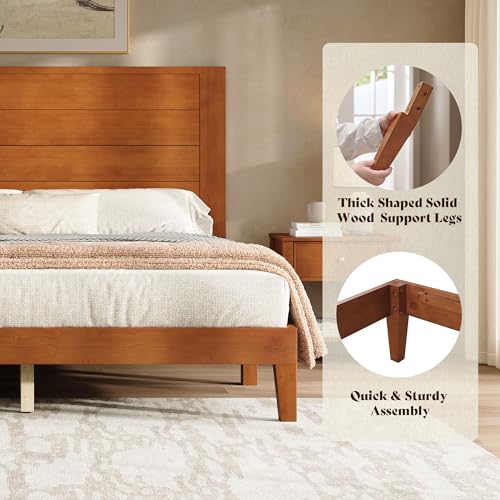 Image of AMERLIFE Full Size Bed Frame with 48 inch Tall Headboard, Mid Century Modern Solid Wood Platform Bed with Silent Wood Slat System, No Box Spring Needed, Under-Bed Storage, Brown