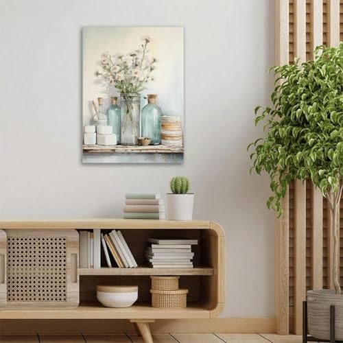 Tableau salle de bain beige avec vase et fleurs rustiques 30x52cm