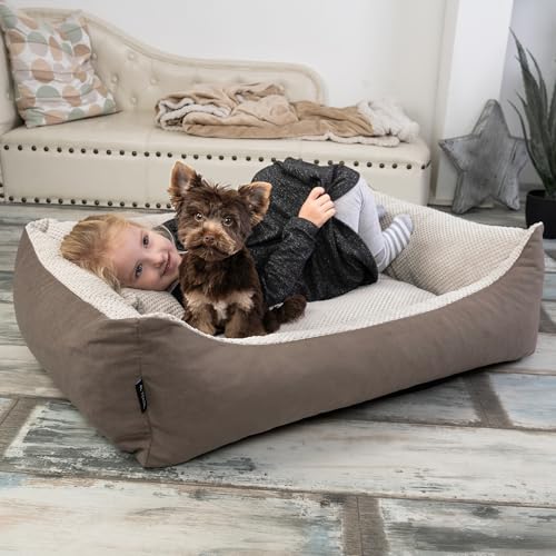 4L Textil Teo Hundebett Braun/Beige Hundekorb mittelgroße Hunde Hundekissen große Hunde Hundekörbchen flauschig Hundesofa (100x80 cm, Braun/Beige)