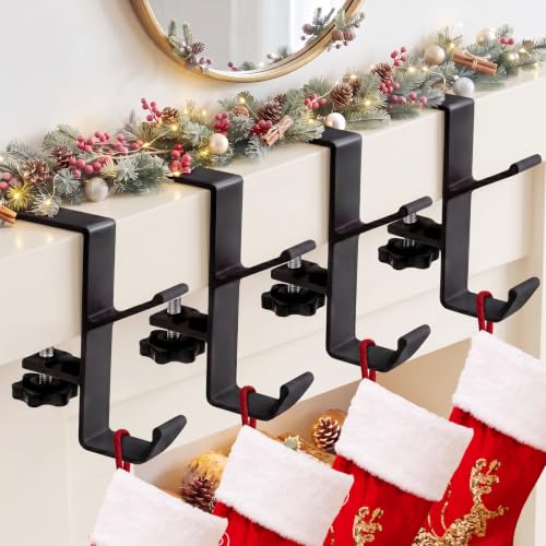 HISFFOG 4 Pack Stocking Holders for Mantle, 2-in-1 Adjustable Christmas Stocking & Garland Hangers with Dual Hooks, No-Drill Metal Fireplace Hooks with Non-Slip Pads, Black - image 1