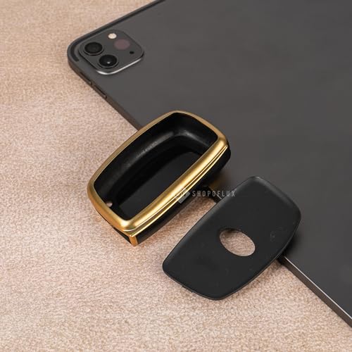 Image of SHOPOFLUX TPU Leather Key Cover Compatible with Hyundai Alcazar and Creta Car 4 Button smart Key (Black Gold)
