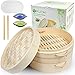 Vaporizador de bambú hecho a mano de 10 pulgadas, dos cestas con tapa, con asas laterales de bambú, para albóndigas, arroz, suma tenue, verduras, pescado y carne, 2 platos de salsa, 60 forros