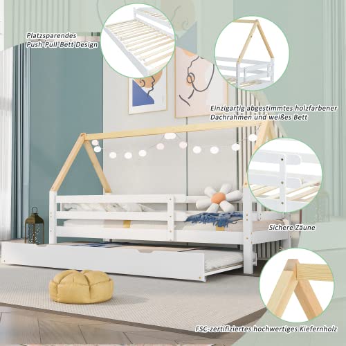 Merax Lit cabane pour enfant avec lit gigogne, lit coulissant avec roulettes, en bois massif, blanc et naturel, 90 x 200 cm et 90 x 190 cm