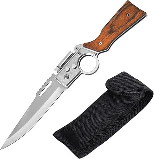 Jagdmesser Klappmesser, 21 x 4.3cm Klappmesser Holzgriff mit Gürteltasche, 3 in 1 Multifunktions Survival Messer mit LED Licht,Taschenmesser Outdoor für Camping,Jagd,Angeln,Geschenke für Männer