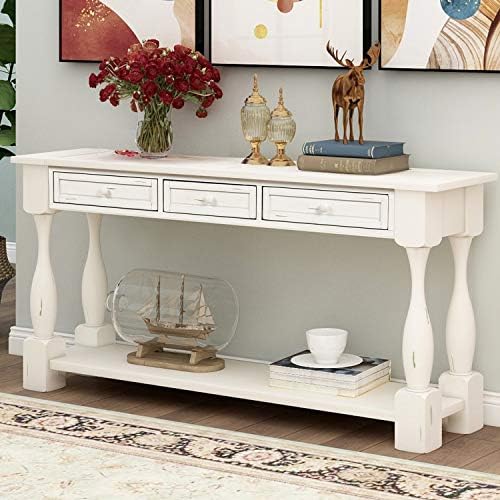 P PURLOVE Console Table for Entryway 64" Wood Sofa Table with Storage Drawers and Bottom Shelf for Hallway Living Room (Distressed White)